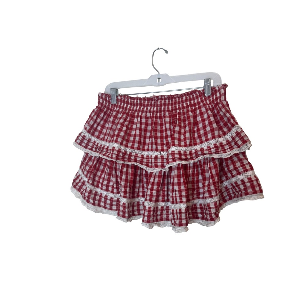 LoveShackFancy Skirt Womens Large Red Check Heart Tiered Ruffle Lace Mini Boho